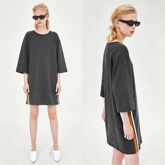 ZARA | Gray Sweatshirt Shift Dress Yellow White Side Stripe Women’s Size Medium - Picture 1 of 9